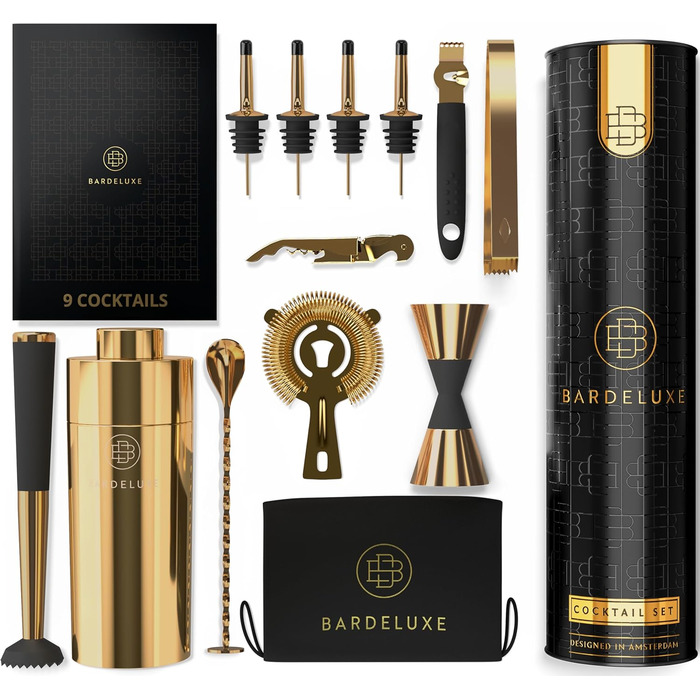 BarDeluxe 12-елементний набір для коктейлів, набір бармена з шейкером 750 мл із нержавіючої сталі, преміум подарунковий набір для приготування коктейлів з сумкою, глибоке золото