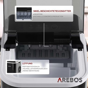 Машина для приготування льоду Arebos 12 кг/24 год | Чорна | З самоочищенням, тихою роботою та вікном для контролю рівня льоду