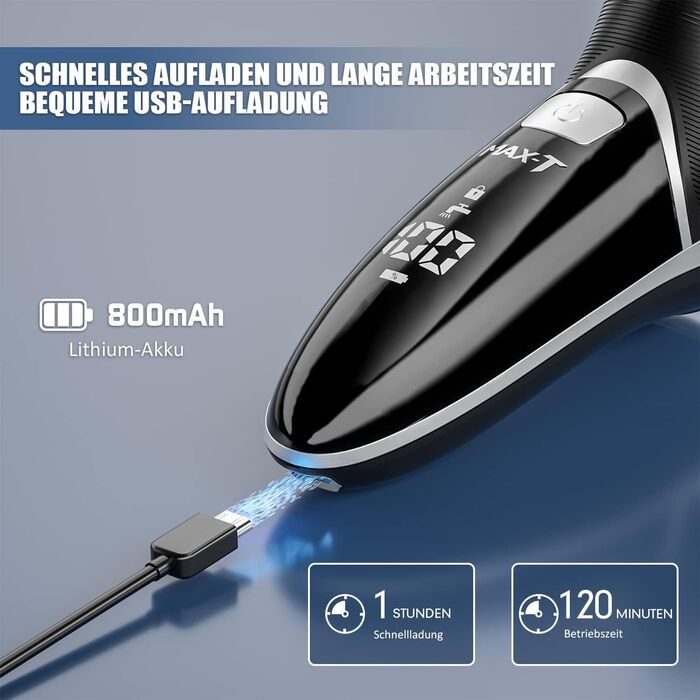 Електробритва MAX-T 3D ProSkin для чоловіків, LED-дисплей, вологе та сухе гоління, з тримером, акумуляторна, бездротова, чорна, подарунок для чоловіків