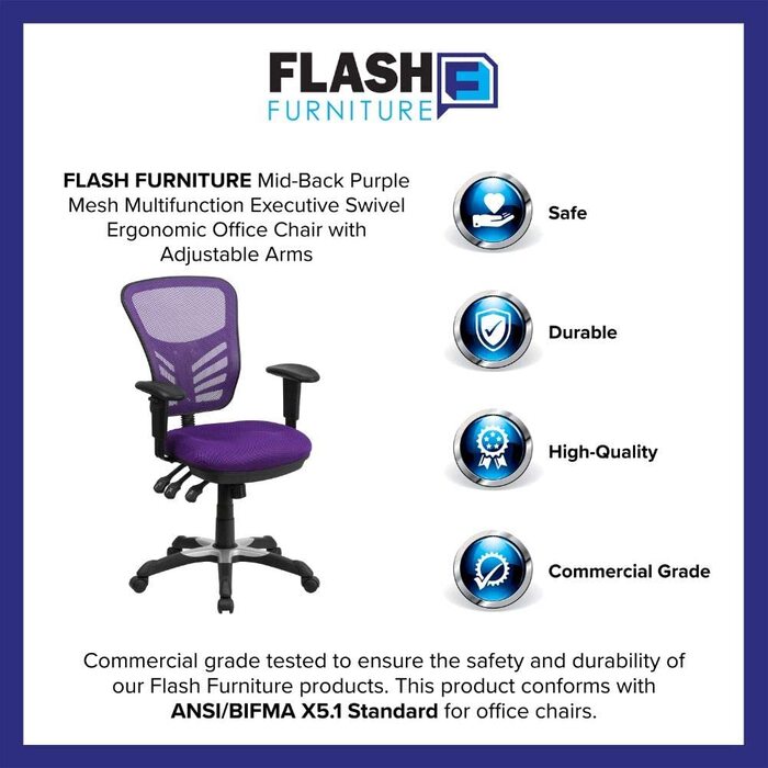 Ергономічне офісне крісло Flash Furniture з сітчастою спинкою, анатомічним та регульованим по висоті сидінням, 3 важелями керування, фіолетове