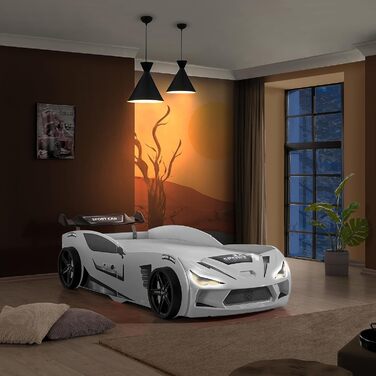 Дитяче автоліжко Aileenstore Rio 90x200, біле, з LED-підсвіткою, спойлером, спортивними сидіннями, ламелями, без матраца