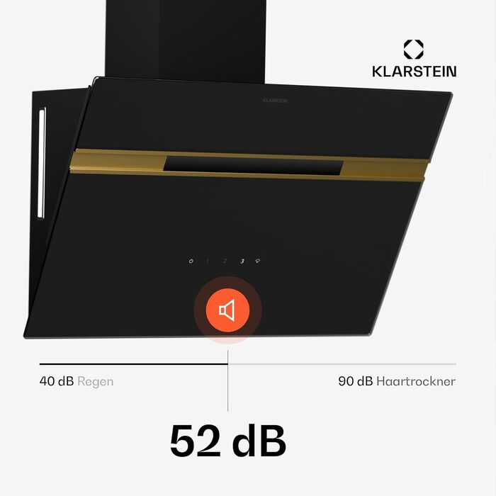 Примітивна витяжка Klarstein Alina 90 см, чорна з золотом, продуктивність 615 м³/год, клас енергоефективності A, LED-підсвітка 9 кольорів, сенсорне керування, режим рециркуляції