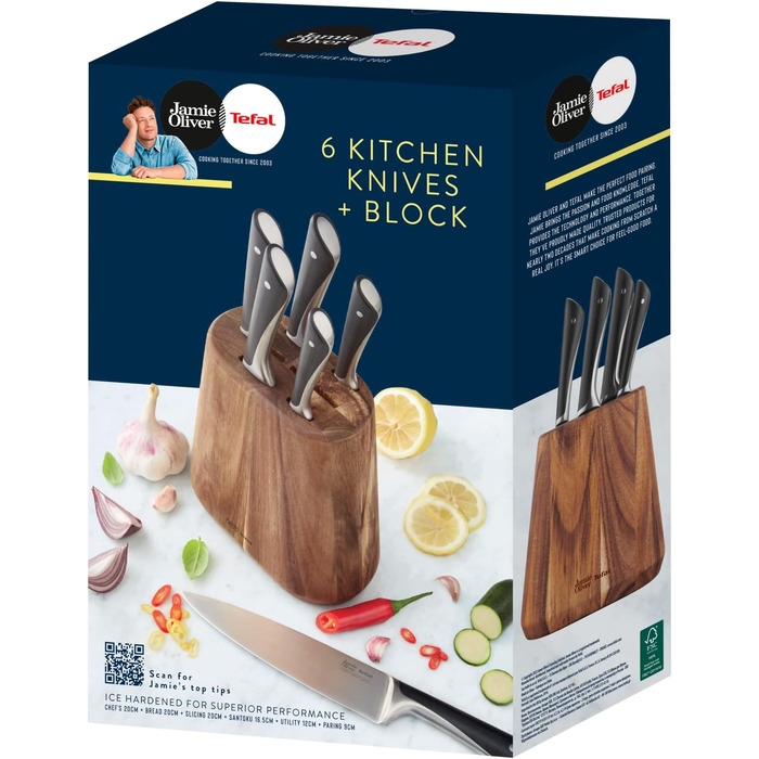 Набір кухонних ножів з підставкою Jamie Oliver by Tefal (5 ножів + блок), сталь з криозагартуванням, дерево акації, коричневий, K267S556