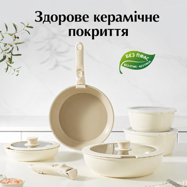 Набір керамічного посуду Redchef з 16 предметів з антипригарним покриттям та знімними ручками, сковорода 20/26 см, глибока сковорода 26 см, каструля 18/20 см, набір посуду, що штабелюється, для всіх плит, придатний для використання в духовці