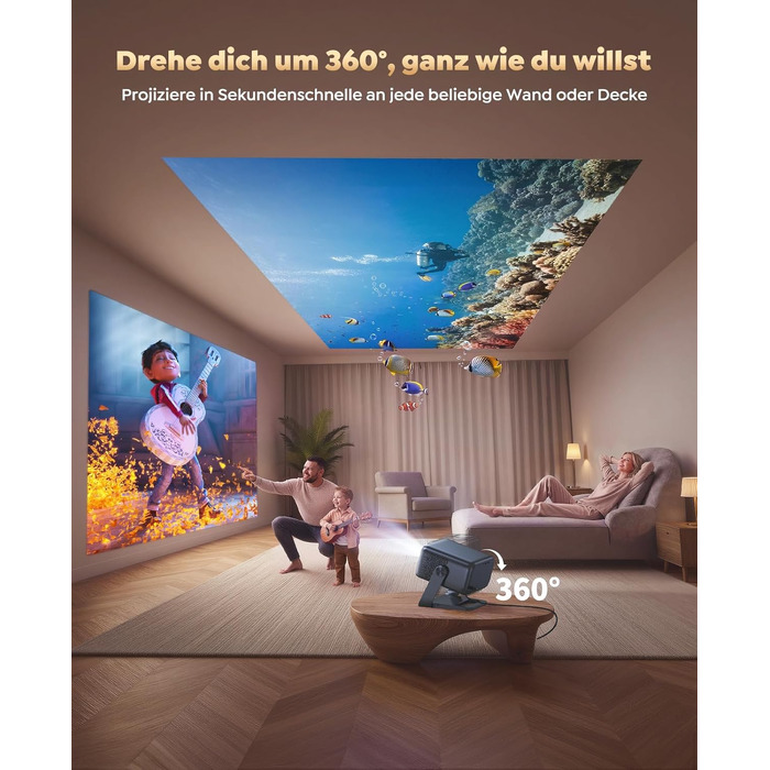 Smart Beamer 4K з Google TV та Bluetooth: LED проєктор для дому та вулиці з автофокусом, HDR10, WiFi, 360° обертання, підтримка HDMI