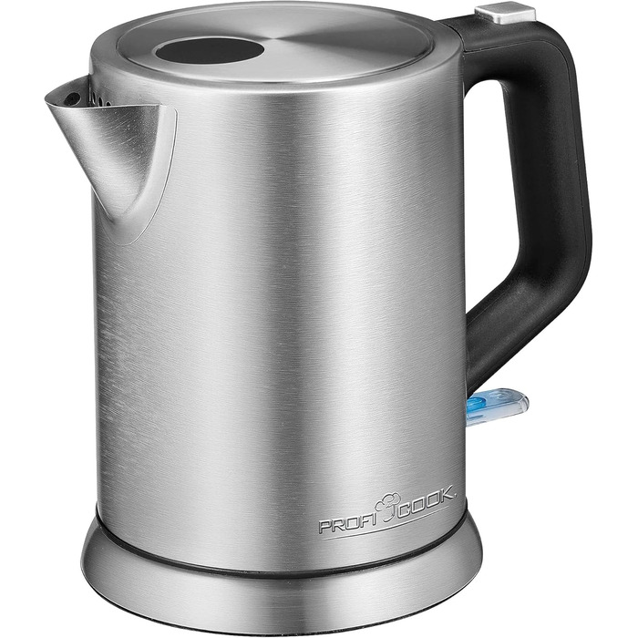 Електрочайник ProfiCook 1 л, нержавійка, 2200 Вт, компактний, BPA-free, одноручне керування, індикатор рівня води, модель PC-WKS 1106