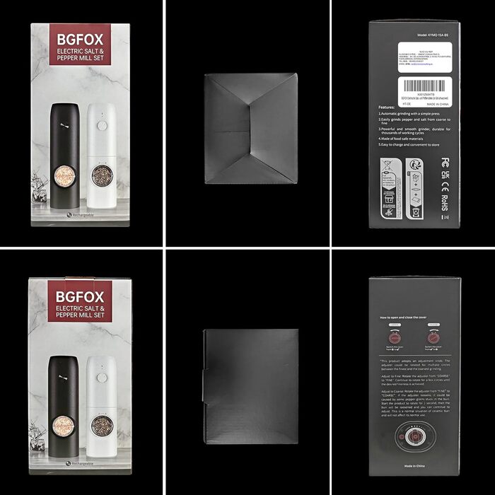 Електричні млини для солі та перцю BGFOX, 2 шт, з LED-підсвіткою, керамічний механізм, USB-зарядка, чорний і білий