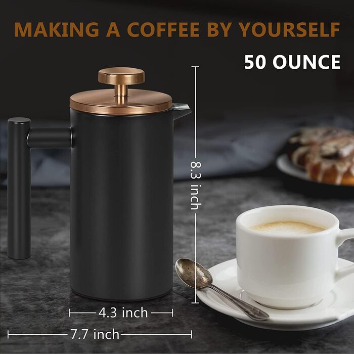 French Press MaxMiuly: Френч-прес для кави, 0,35 л, нержавіюча сталь, з подвійними стінками та 2 фільтрами (2 чашки)