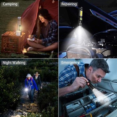 LED ліхтар Karrong 3000 люмен з магнітом, USB-зарядка, водонепроникний, з COB боковим світлом, 4 режими, для кемпінгу, туризму, 2 шт, чорний