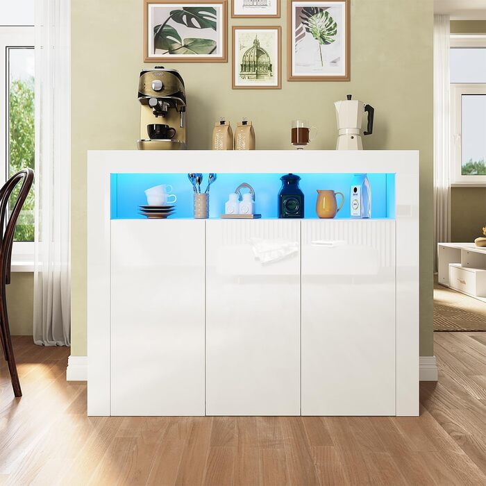 Комод SUNXURY з LED підсвіткою, білий глянець, для вітальні, кухні чи спальні, 90x35x83 см