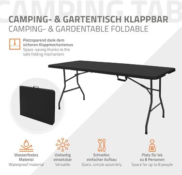 Складаний кемпінговий стіл ML-Design 180x74 см, чорний, пластиковий, з ручкою для перенесення, для саду, тераси, балкона, 6 осіб, складаний партійний стіл, валізний стіл, стіл для фуршету та розпродажу