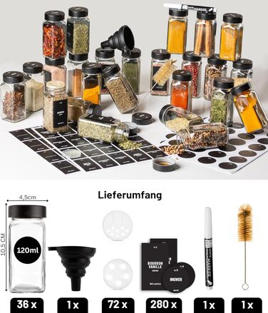 Набір банок для спецій Deco haus® (36 шт.) з кришками чорного кольору, з мірною ложкою та етикетками
