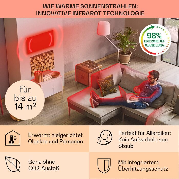 Інфрачервоний електрообігрівач Klarstein Air Art Smart 700 Вт з Wi-Fi, термостатом і датчиком відкритого вікна, настінний, без CO2