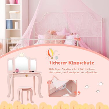 Дитячий туалетний столик DREAMADE з дзеркалом, стільчиком і шухлядою, рожевий дерев'яний косметичний стіл для дівчаток