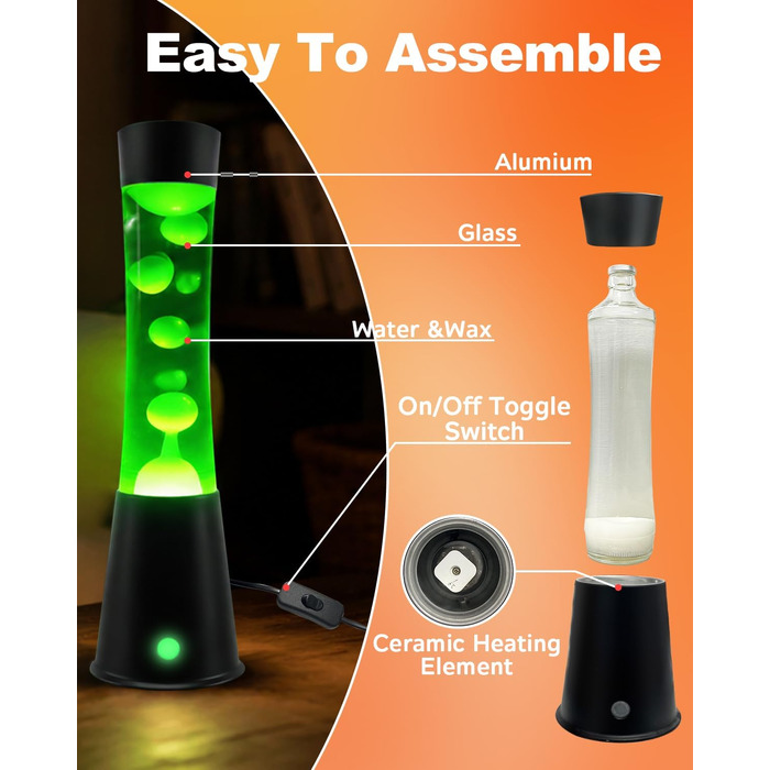 Світлодіодна лава-лампа AONESY з пультом керування, 17 кольорів підсвічування, глибокий чорний, 39.5 см