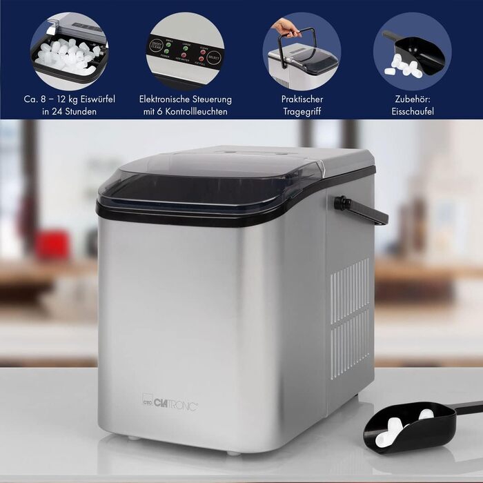 Льодогенератор Clatronic EWB 3785 сріблястий: 12 кг/24 год, самоочищення, резервуар 1.5л, швидке виробництво льоду (10 хв)