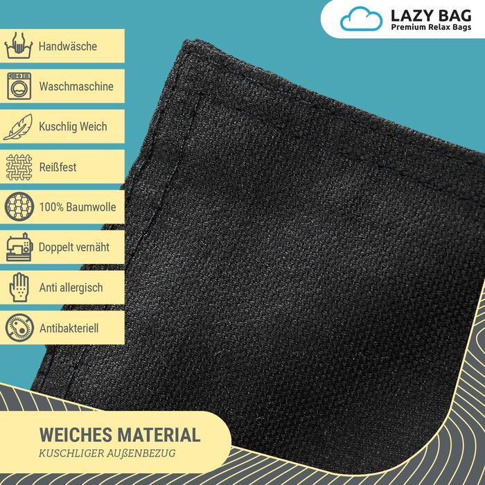 Оригінальний мішок-крісло LAZY BAG XXL 180x140 см, 400 л, бавовна, ергономічний, чорний, знімний чохол