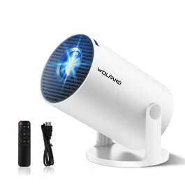 Портативний міні-проектор WOLFANG 1080P з WiFi 6, Bluetooth 5.4 та вбудованими додатками, автокоррекція трапецієподібних викривлень, підставка 180°, для дому та кінотеатру