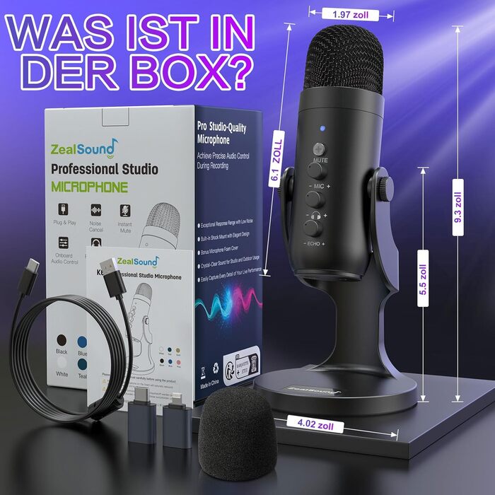 Zealsound USB конденсаторний мікрофон для ПК, смартфонів, PS4/PS5, подкастів, стрімінгу, запису, ASMR, з функціями Mute, Gain, Echo, адаптером для телефону, сумісний з Mac і Windows