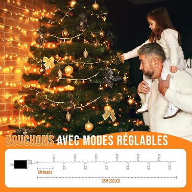 Світлодіодна гірлянда для вулиці та дому 25м 200 LED, теплий білий колір, 8 режимів, пульт керування та таймер, водонепроникна IP44, різдвяна ілюмінація для балкона та саду