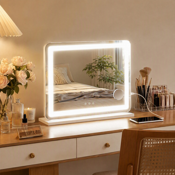 Дзеркало для макіяжу з LED-підсвіткою 80x60 см, косметичне дзеркало з 3 режимами світла, USB-зарядкою та 10-кратним збільшенням