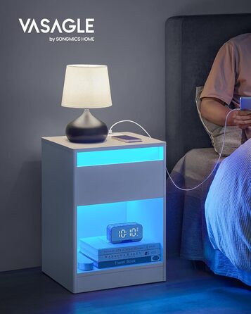 VASAGLE приліжковий столик з регульованим LED-підсвічуванням, розетками, USB, шухлядою, сучасний, для спальні та вітальні, білий хмарний LET618T15