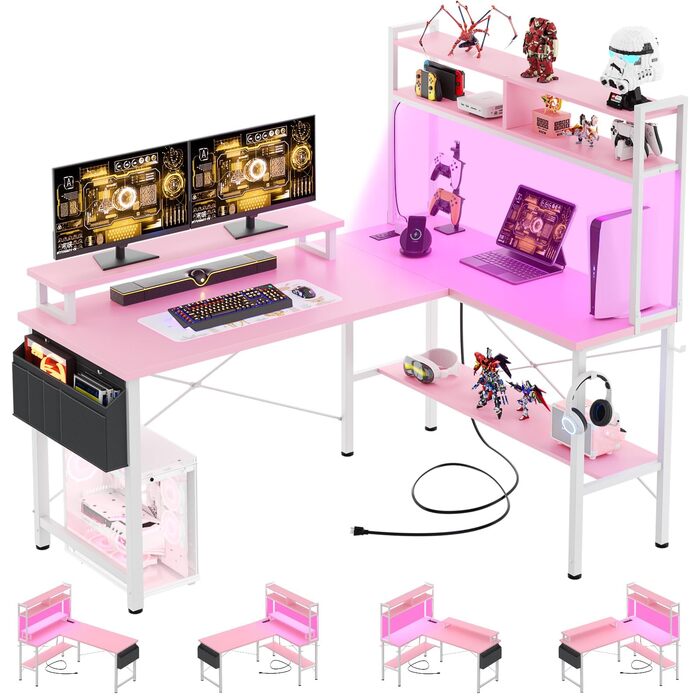 Ігровий кутовий стіл iSunirm L-подібний з LED-підсвіткою, розетками, підставкою для монітора та полицею, рожевий