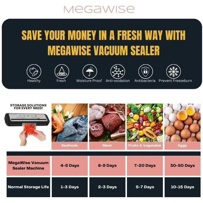 Вакуумний пакувальник MegaWise 2025 (Off White) - 80 кПа, з пакетами та ножем
