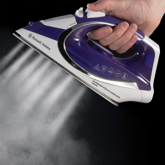 Бездротова праска Russell Hobbs Supreme Steam Cordless 2400 Вт, 135 г/хв, керамічна підошва, 300 мл, паровий удар, база