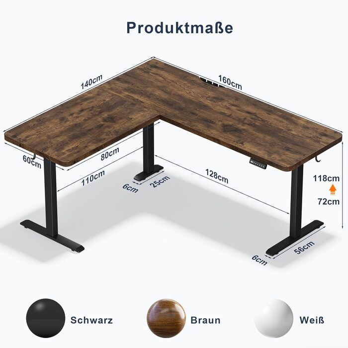 Регульований кутовий стіл JUMMICO для дому та офісу 160x140 см, коричневий - ергономічний комп'ютерний стіл з 3-ма запам'ятовуваними висотами та кабельною системою