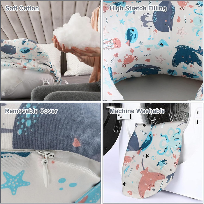 Подушка для годування SHANNA XXL, багатофункціональна, для грудного та пляшкового вигодовування, з регульованим поясом, наволочка з 100% бавовни, морські тварини