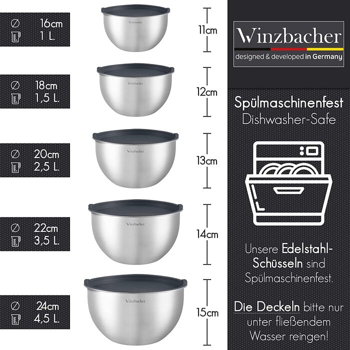 Набір мисок із нержавіючої сталі Winzbacher з кришками, 5 штук (1л, 1,5л, 2,5л, 3,5л, 4,5л), рифлені, для змішування та салатів, нековзкі, штабельовані, можна мити в посудомийній машині, з теркою