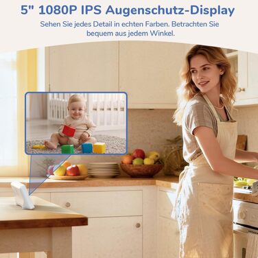 Відеоняня з камерою 1080P та 5-дюймовим IPS-монітором, поворот на 360°, без Wi-Fi, біла (1 камера та 1 екран)