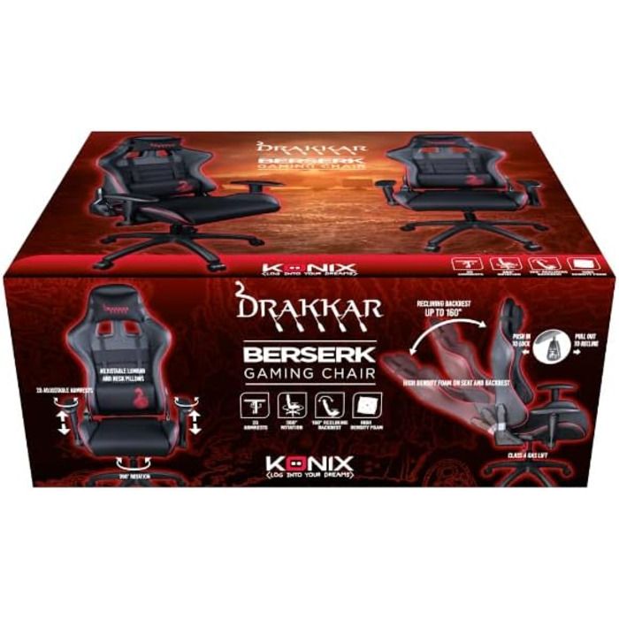 Ігрове крісло Konix Drakkar Berserk, нахил 160°, екошкіра, чорне з червоним