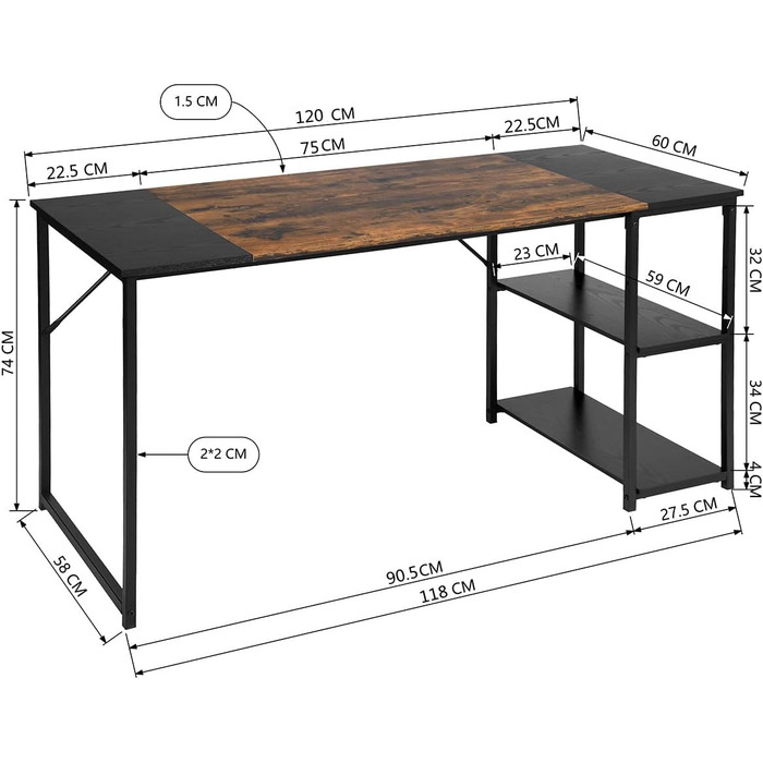 Письмовий стіл з полицями FurnitureR 120x60x74 см, індустріальний комп'ютерний стіл з дерева та металу для дому, офісу, вітальні - чорно-коричневий + коричневі полиці