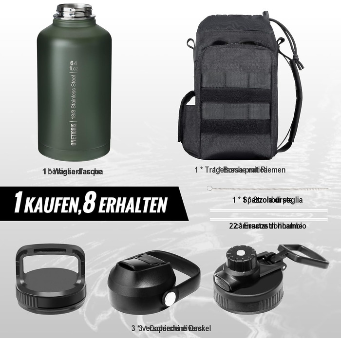 Термос-фляга OneTigris Edelstahl 1.9л (64oz) з чохлом, спортивна фляга для води, 3 кришки для велосипеда, кемпінгу, йоги, спортзалу, полювання, риболовлі - Оливково-зелений