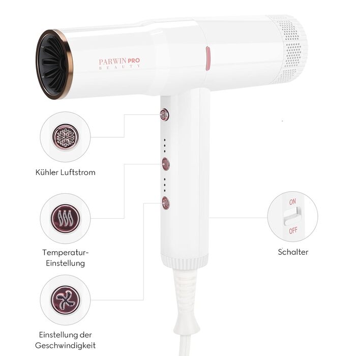 Професійний іонний фен PARWIN PRO BEAUTY з дифузором, 110 000 об/хв, безщітковий тихий мотор, 30 м/с повітряний потік, 3 швидкості і 3 температури, білий