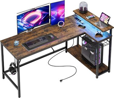 Bestier Кутовий письмовий стіл 106,5 см з розетками та LED-підсвіткою, реверсивний комп'ютерний стіл з полицями та гачками, компактний для домашнього офісу та малих приміщень, рустикальний коричневий, 106x80 см