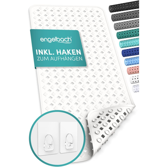 Протиковзкий килимок Engelbach для ванни, 88x40 см, білий, 100% BPA-free, з 2 гачками, антипліснявий, машинне прання