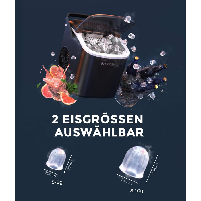 Льодогенератор ecozy Klein самоочищення, 2 розміри кубиків льоду, 9 кубиків за 6 хв, 12 кг/24год, лопатка та кошик, для кухні, офісу, бару, вечірок, чорний