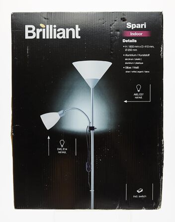 Торшер BRILLIANT Spari з читальним ліхтарем, сріблясто-білий, для лампи E27 60Вт, зі шнуровим вимикачем
