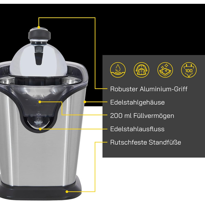 Соковижималка для цитрусів GUTFELS JUICE 3020, 100 Вт, нержавіюча сталь, 2 насадки, стійка основа