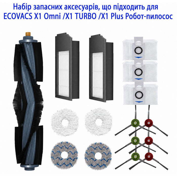 Комплект запасних частин ZYBULSHJT для пилососа ECOVACS Deebot X1 (Omni, Turbo): роликова щітка, бокові щітки, фільтри, серветки, мішки
