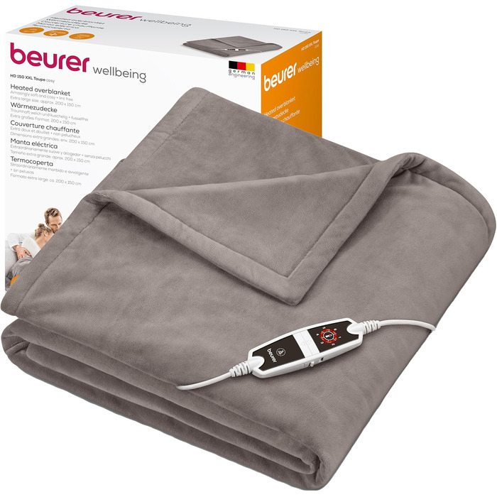Електрична ковдра Beurer HD 150 XXL з автоматичним вимкненням, 200x150 см, 6 температурних режимів, машинне прання, флісова, колір тауп