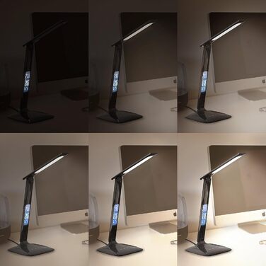 Настільна LED лампа Brandson з регулюванням яскравості, захистом очей, 3 кольорами світла (холодне, тепле, нейтральне), 5 рівнів яскравості, термометром, будильником і календарем, чорна