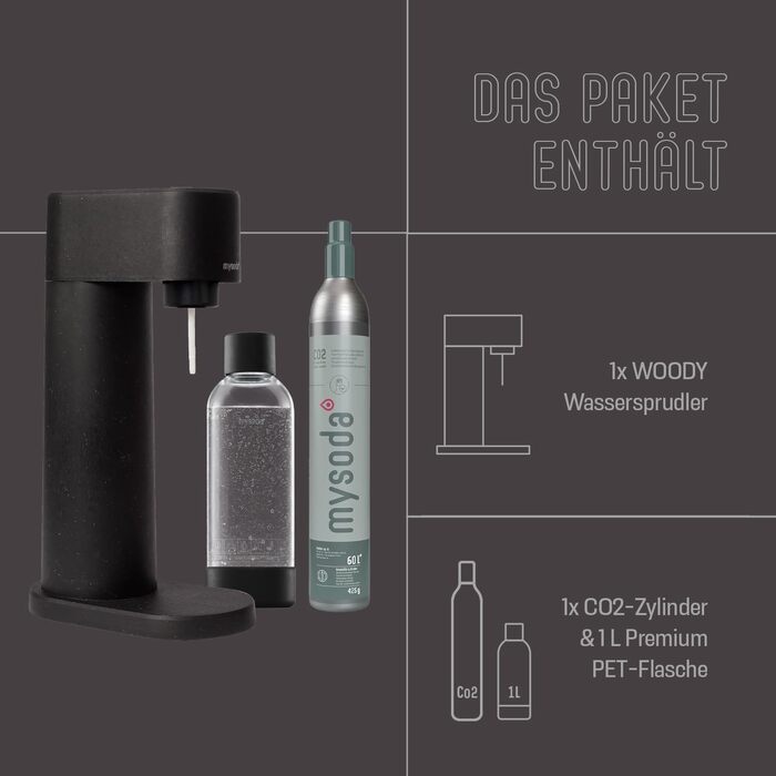 Сифон для газування води Mysoda Woody Wassersprudler (Pigeon), чорний, з CO2-циліндром