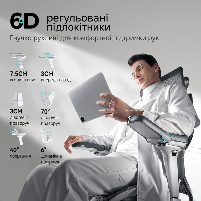 Офісне крісло Hbada E3 Pro ергономічне, з динамічною 3-зонною поперековою підтримкою, 4D регульованим підголівником, 6D регульованими підлокітниками та висувною підставкою для ніг, сіре