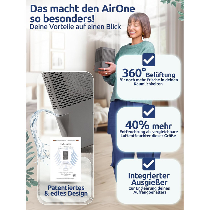 Осушувач повітря BonAura AirOne без електрики, 680 г грануляту, захист від плісняви і запахів, до 23 м², титаново-сірий