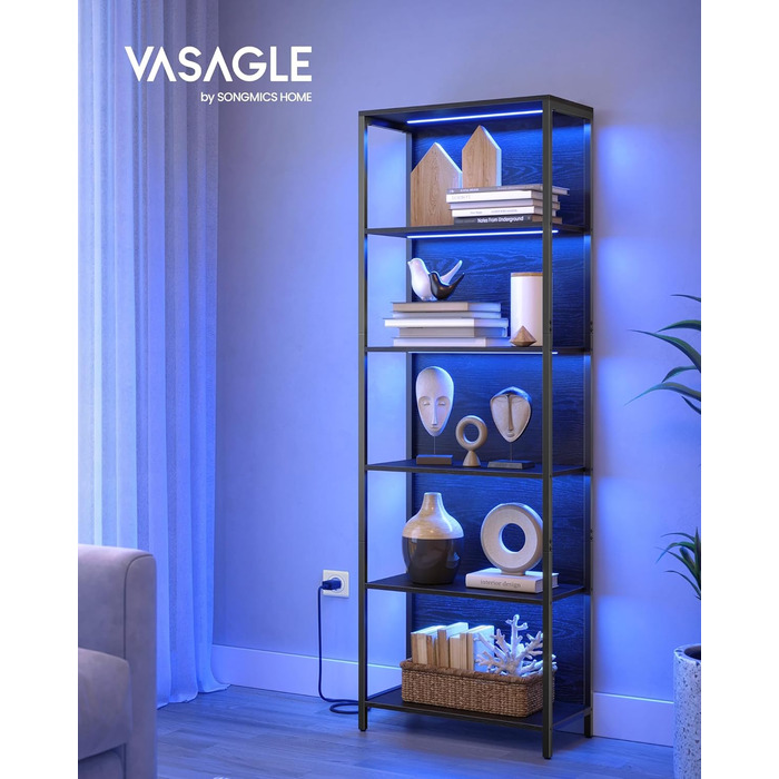 VASAGLE книжкова шафа з 6 полицями, стелаж зі сталевим каркасом, регульоване LED-підсвічування, 30,3×60×178,6 см, для вітальні, спальні, кабінету, чорне ебенове дерево