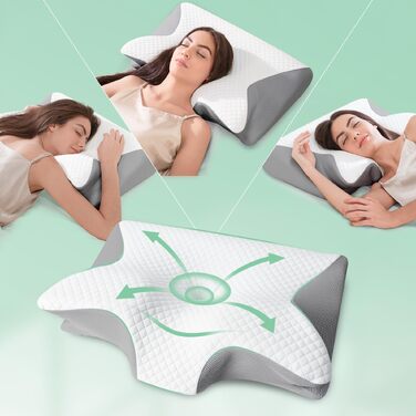 Подушка для шиї з піни Memory Foam 2-в-1, ергономічна, 60x40x12/14 см, сіра - для сну на спині, боці та животі